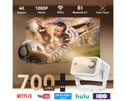 Huidun PT10 Beamer - 700ANSI - WiFi 5 - Autofocus - Automatische trapeziumcorrectie - Android 13 - Whale OS - Officiële Netflix, YouTube en Disney+ - Compact en draagbaar - Laag geluidsniveau - Thuisbioscoop en buitengebruik - Wit