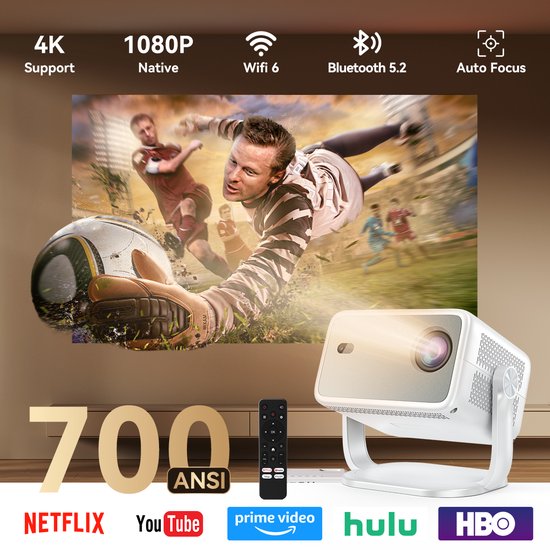 Huidun PT10 Draagbare Beamer 1080p Full HD 4K Support WiFi 6 Bluetooth 5.2 Autofocus Trapeziumcorrectie