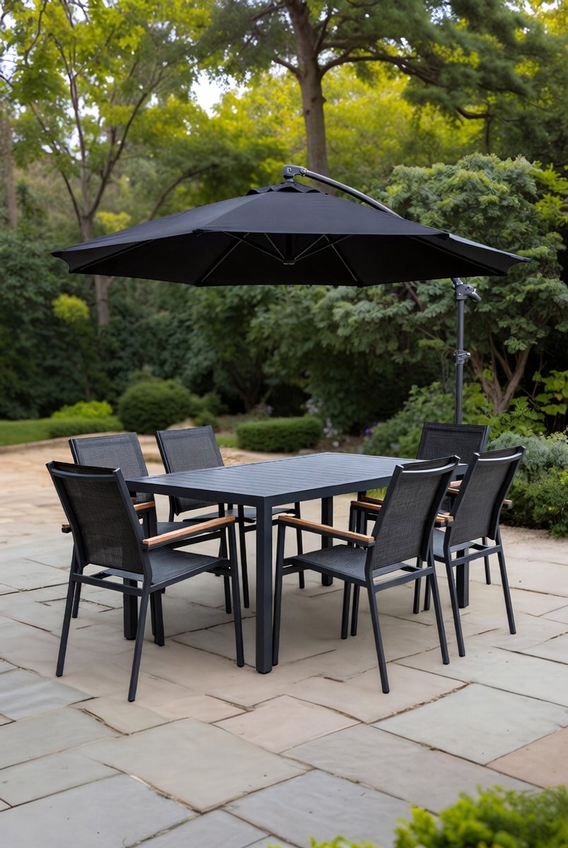 8-delige Luxe Tuinmeubelset voor 6 Personen met Grote Parasol 260 cm – Weerbestendige Stapelbare Stoelen & Glazen Tafel – Moderne Tuinset voor Balkon, Terras & Tuin in Zwart | medahomestore