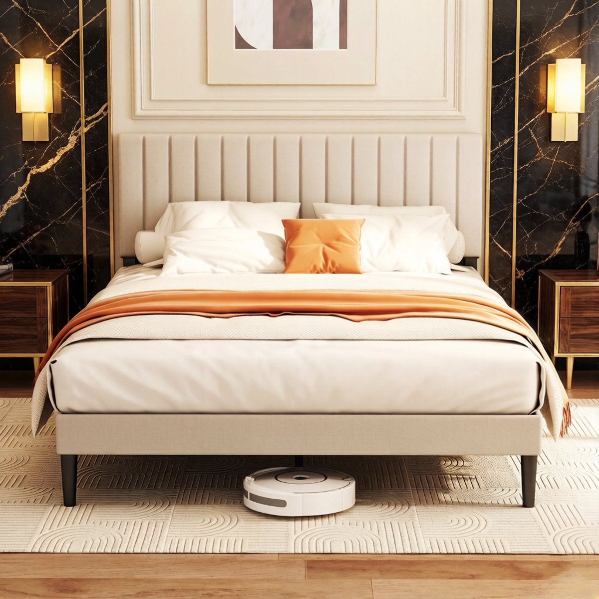 KUTAS Gestoffeerd bed Tweepersoonsbed 140x200 cm - Beige Metalen Bedframe - met lattenbodem - Opbergruimte Onder Bed - Verstelbaar Gestreept Hoofdeinde - Stevig en Stil - Draagkracht 480 kg - Beige