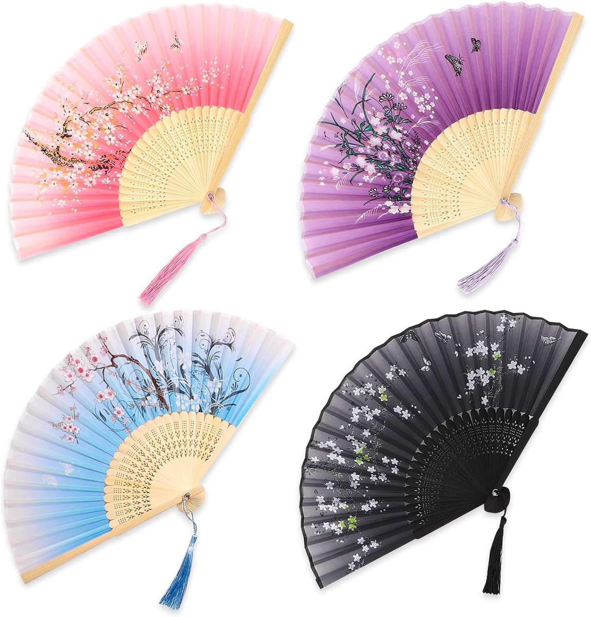 Handwaaier - Spaanse Handwaaier - Verkoeling Waaiers voor Zomerse Themperatuur - Waaier Festival - Chinese Waaier - Festival Waaier - Verkoelend - Handventilator - Tegen Opvliegers - 4 Stuks - Roze + Paars + Blauw + Zwart - van Imperatoris