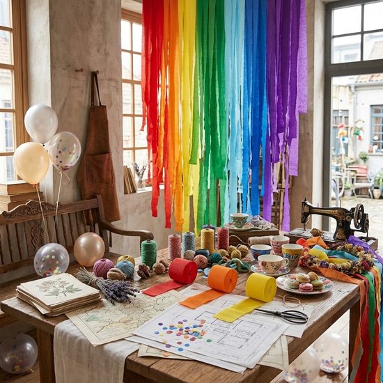Decoratieve tafel met veelkleurige slingers (regenboog), kaarten, strijkijzer en confetti ballonnen.