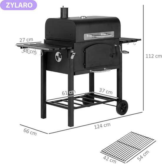 Premie 3-in-1 Houtskool Barbecue - Smoker Barbecue met Rookfunctie - Houtskoolgrill - met Verstelbaar Houtskoolcompartiment, Deksel, Handgrepen, Thermometer, Wielen - BBQ voor Kamperen, Buiten, Tuin - 124 x 66 x 112 cm - Zwart van Merkloos — afbeelding 2