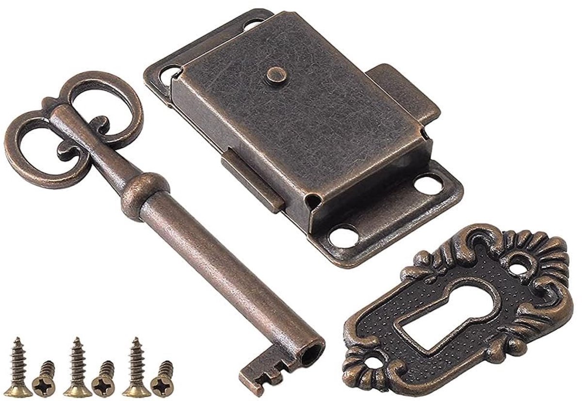 Allecto - Kastdeurslot set - Antiek slot met sleutel - Vintage stijl - Geschikt voor meubels en dozen - Perfect voor restauratie - Duurzaam en betr...