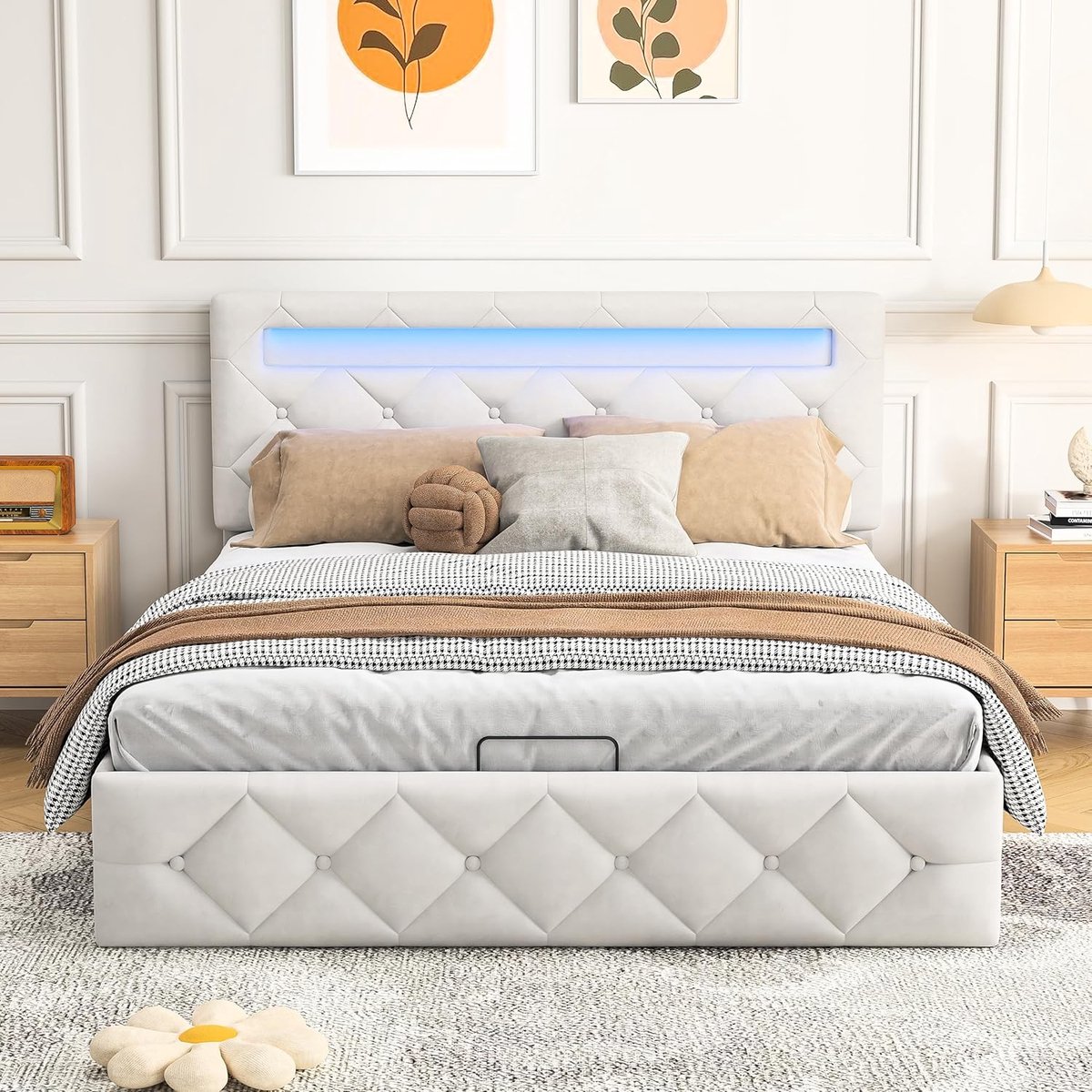 Luxe Velvet Opbergbed 160x200 cm met LED Verlichting & Hydraulische Opslag – Tweepersoonsbed met Verstelbaar Hoofdbord en Lattenbodem – Beige D