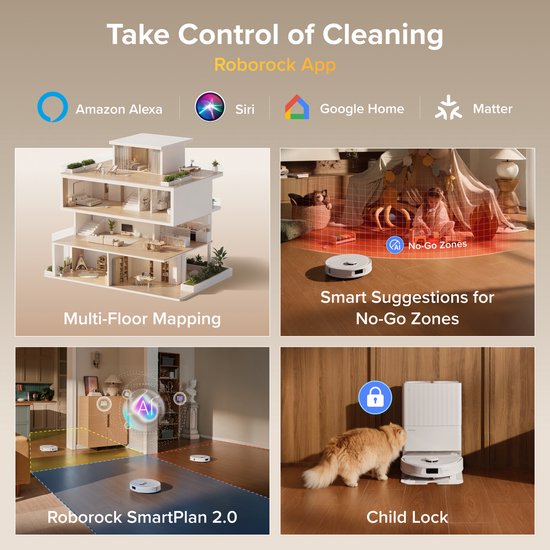 De Roborock app toont functies: huisplattegrond, geen-zones, slimme suggesties, multi-floor mapping en kinderslot met kat.