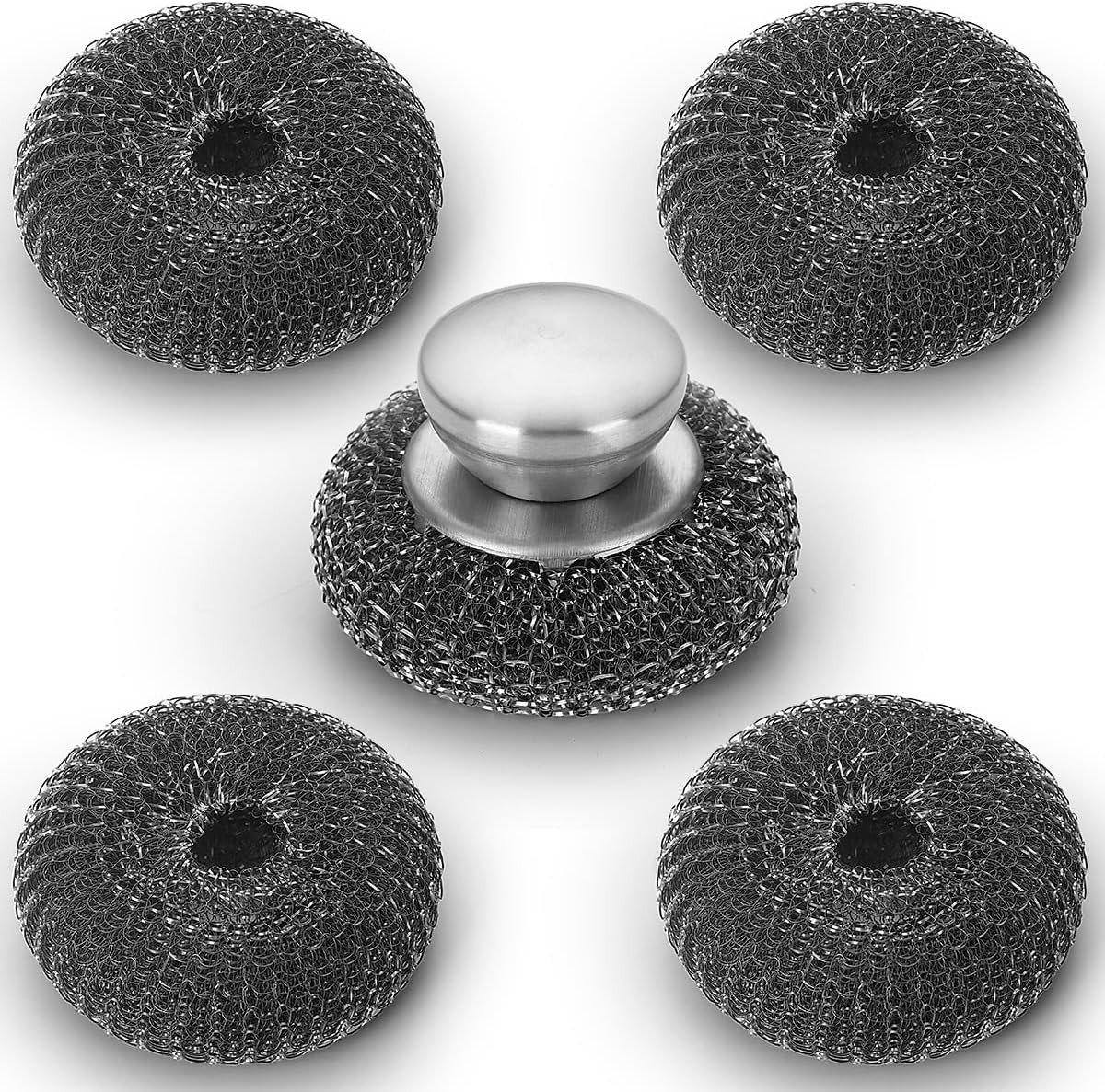 RVS Schuurpads met Handvat - Set van 5, Groot Metaalwol 10x10cm, Comfortabel en Duurzaam voor Effectieve Reiniging