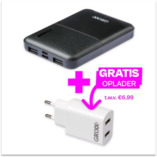GRiXX Compact Powerbank 5000 mAh – USB-C & 2x USB-A – 3 Apparaten Tegelijk Opladen – LED Indicator – Noodpakket - Universeel voor iPhone, Samsung & Smartphones – Incl. Kabel