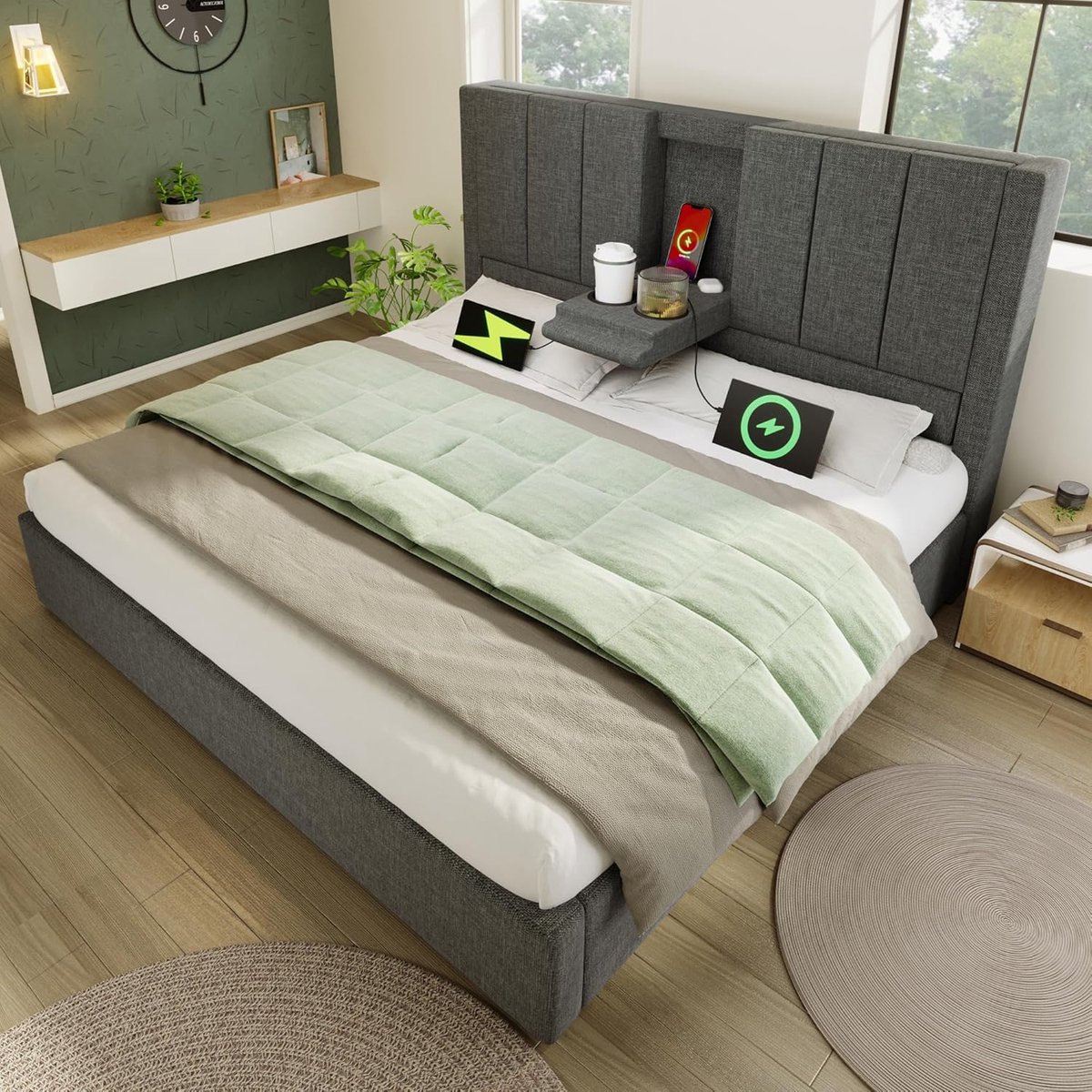 Gestoffeerd Opbergbed 160x200 cm met Uittrekbaar Logeerbed 90x190 cm & USB/USB-C Laadstation – Hydraulisch Tweepersoonsbed met Lattenbodem en Verborgen Opbergruimte 198x170x100 cm Wi