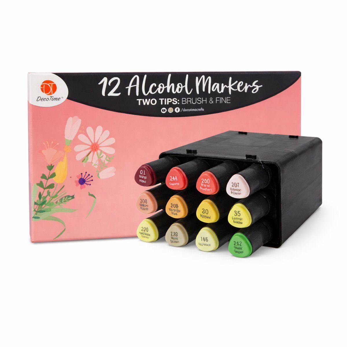 Alcohol Twinmarkers brush en fine - bloemenkleuren - Decotime - Professionele Twinmarkers - 12 pieces - Alle kleuren - Hobby en Creatief Volwassenen - Alcohol Markers - Twin Markers