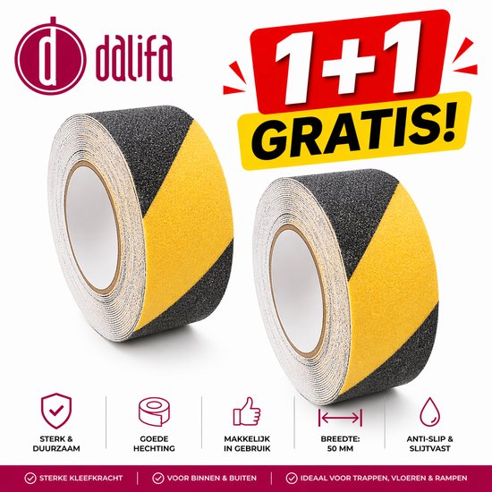 Twee rollen antislip tape met geel-zwarte diagonale strepen. Tekst met '1+1 GRATIS'.