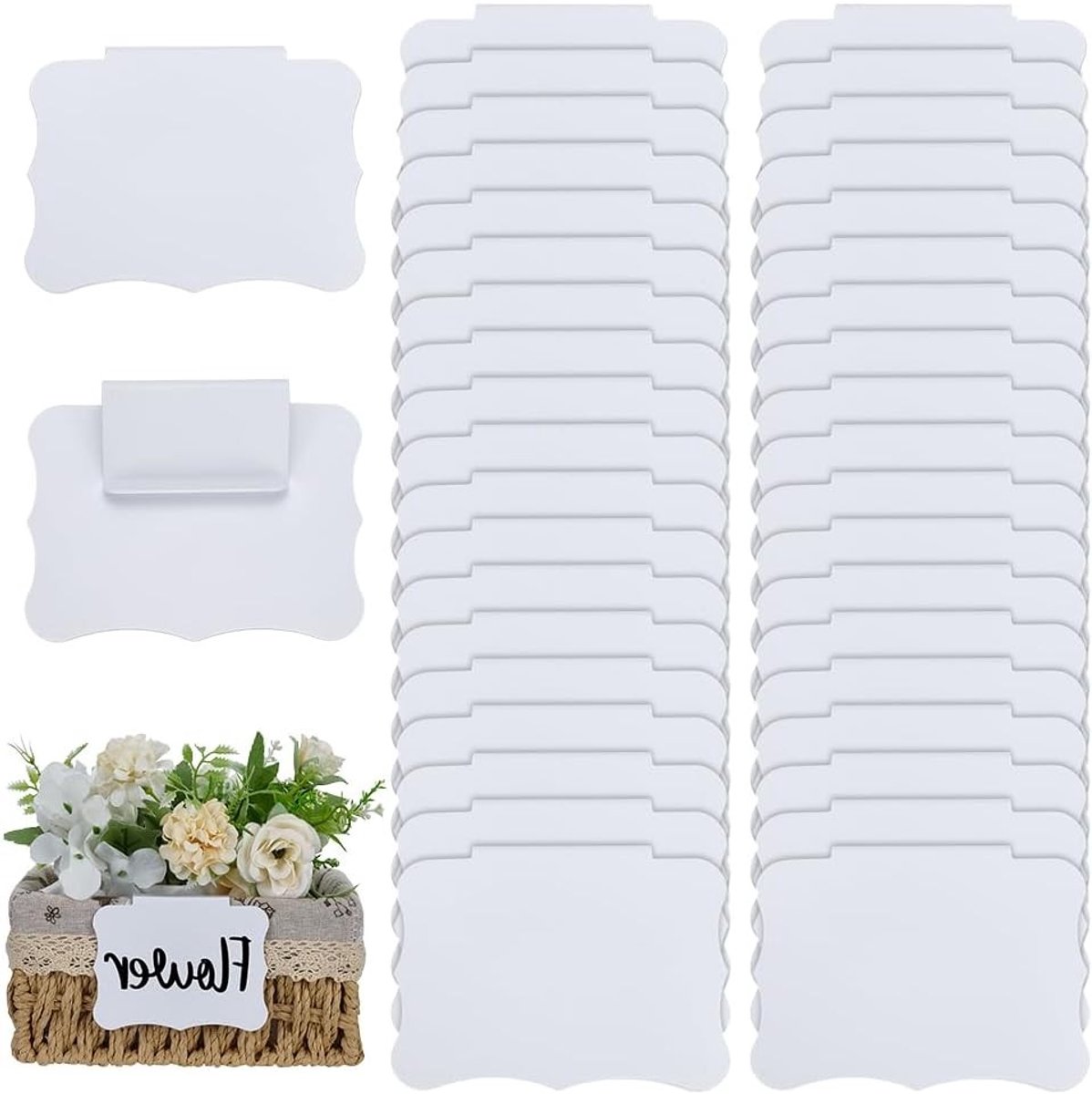 40 Stuks Witte Mande Labels - 70x80mm PVC Hangtags, Erasable en Verwijderbaar voor Organiseren van Mandjes en Planken met Golfrand Ontwerp
