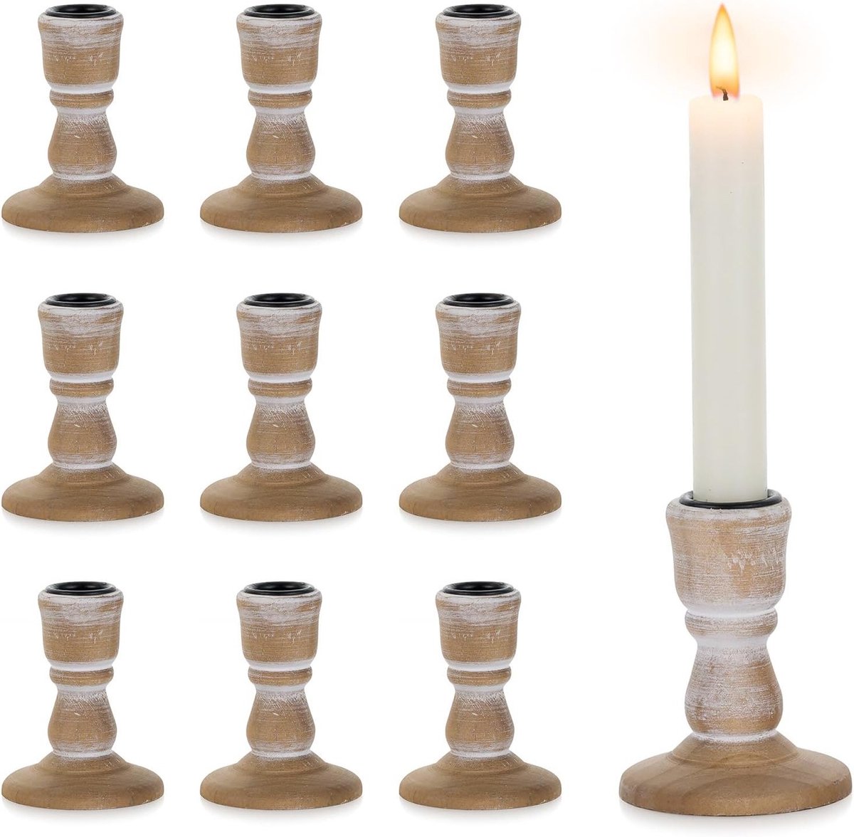 Rustieke Bruine Houten Kandelaars - Set van 10 Stuks voor Taps Toelopende Kaarsen - Vintage Kleine Boerderij Taper Kandelaar - Kerst Bruiloft Feest Thuis Tafel Decor
