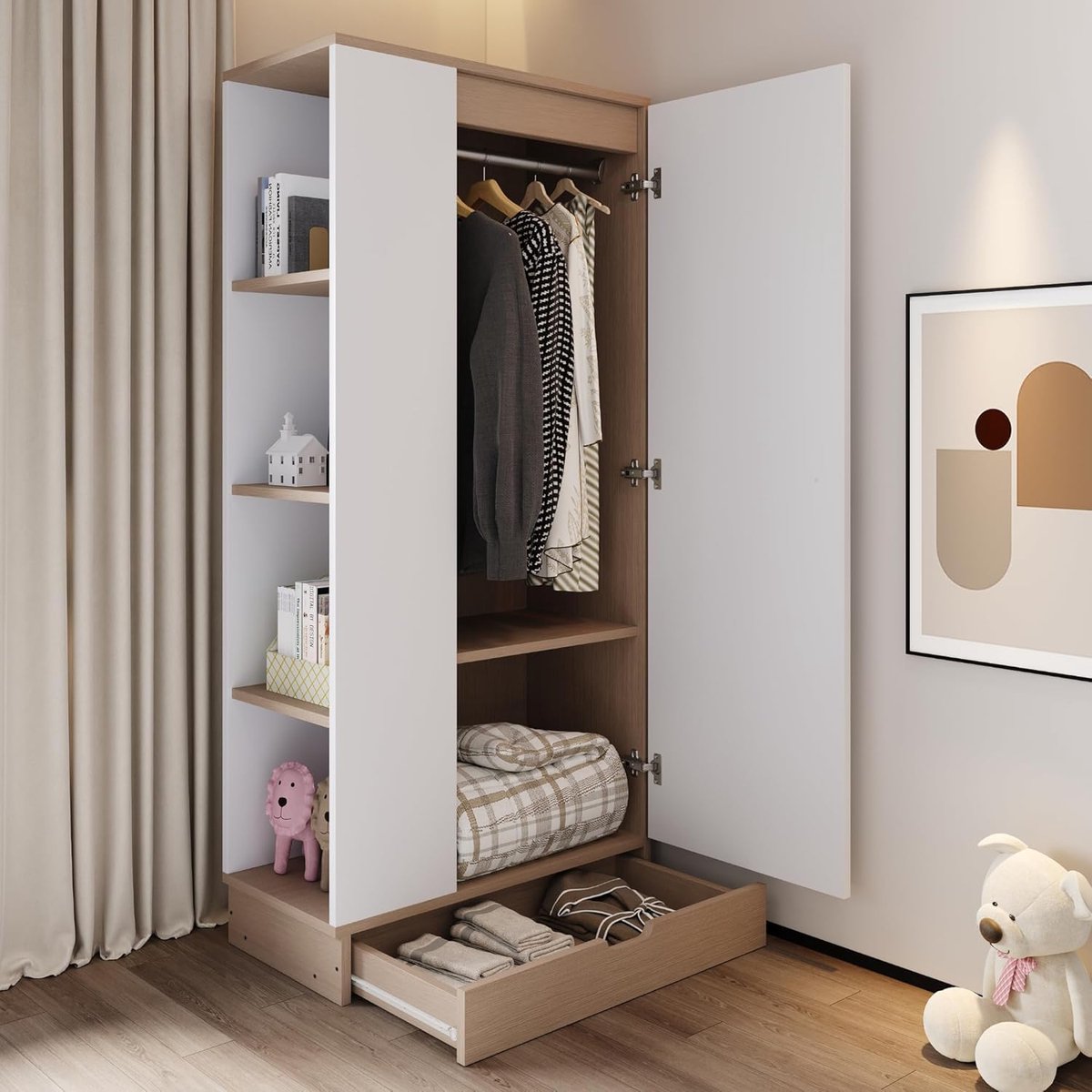 Kinderkledingkast 170 x 70 x 40 cm - Kleine Kledingkast met 1 Deur, Planken en Lade, Compacte Garderobekast voor Kinderkamer en Slaapkamer, Witte Opbergkast - Vermissen
