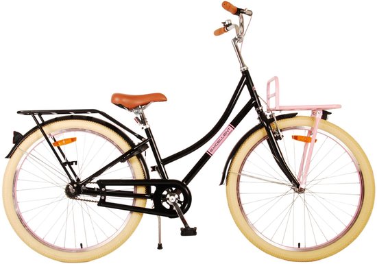 Zwarte meisjesfiets met "Excellent" logo, bruin zadel, roze voorrek en crèmekleurige banden.