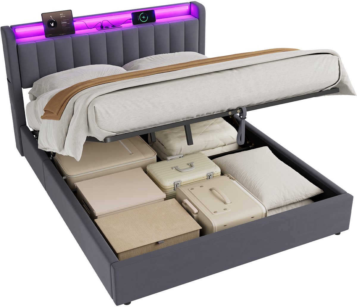 MODFU Hydraulisch Liftbed 160x200 cm – Met LED & USB – Fluweel grijs – Stil & kraakvrij – Met royale opbergruimte – Opbergbed