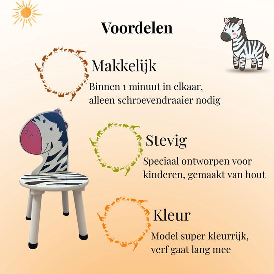 Zijaanzicht van kinderstoeltje met zebraprint. Kenmerken: makkelijk, stevig, kleurrijk.