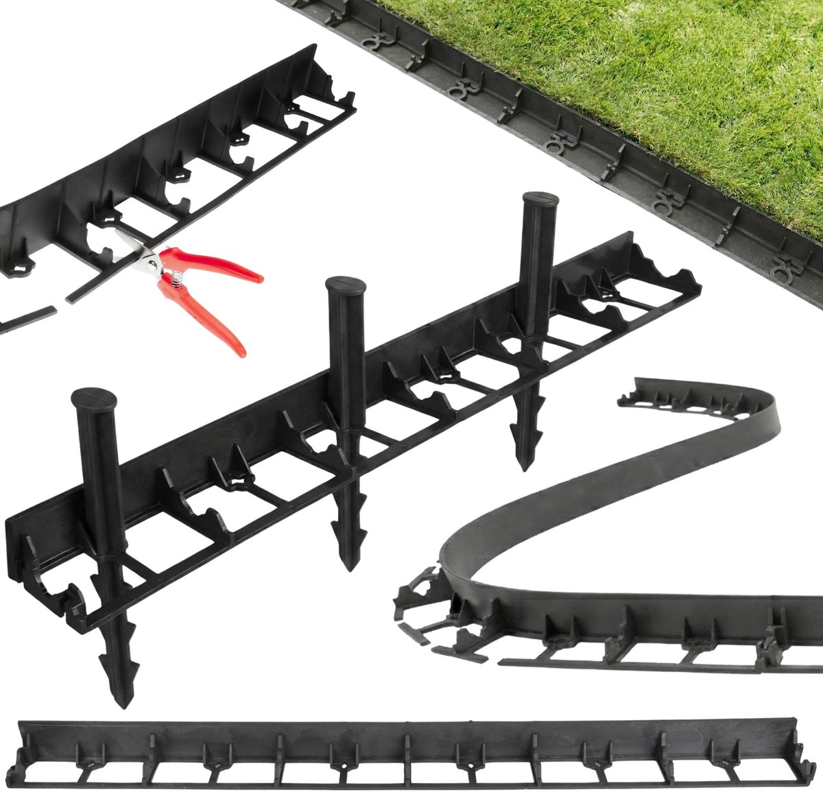 Borderrand kunstof zwart I Perkrand flexibel I Gazonrand Zwart Tuin + Grondpennen voor borderranden - 20 stuks 4,5 cm hoog