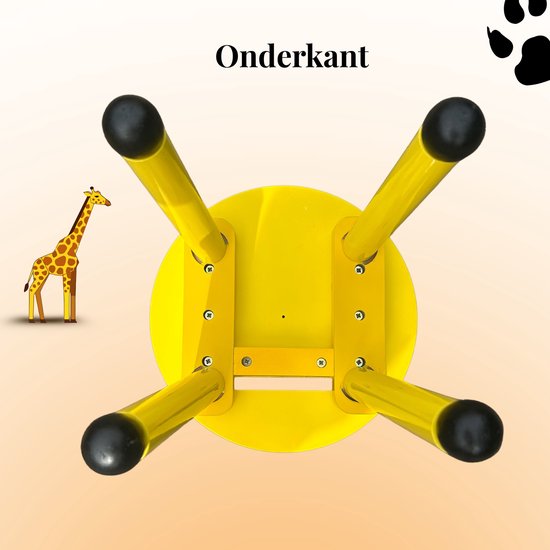 Onderkant van een gele kinderstoel in giraf-design, met vier zwarte poten.