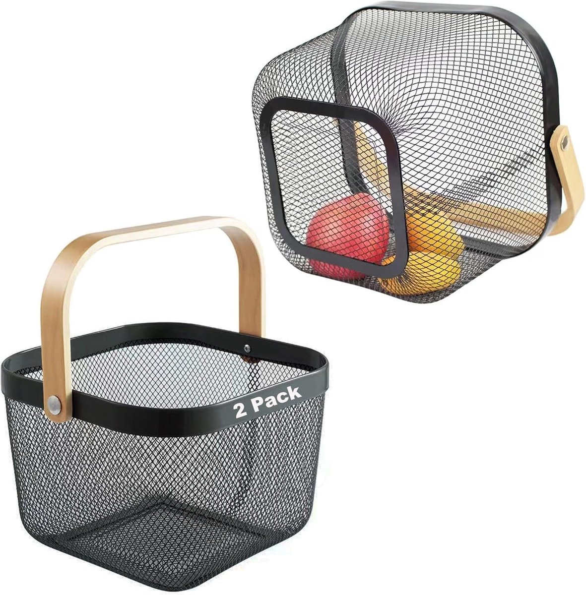 JeiibrZui 2 Stuks Tuin-Oogstmanden - Vierkant Metalen Vlechtwerk - Bamboehandvat - Duurzame Opbergmand Voor Winkelen En Organiseren - Zilverkleurig Design Voor Keuken Badkamer En Picknick