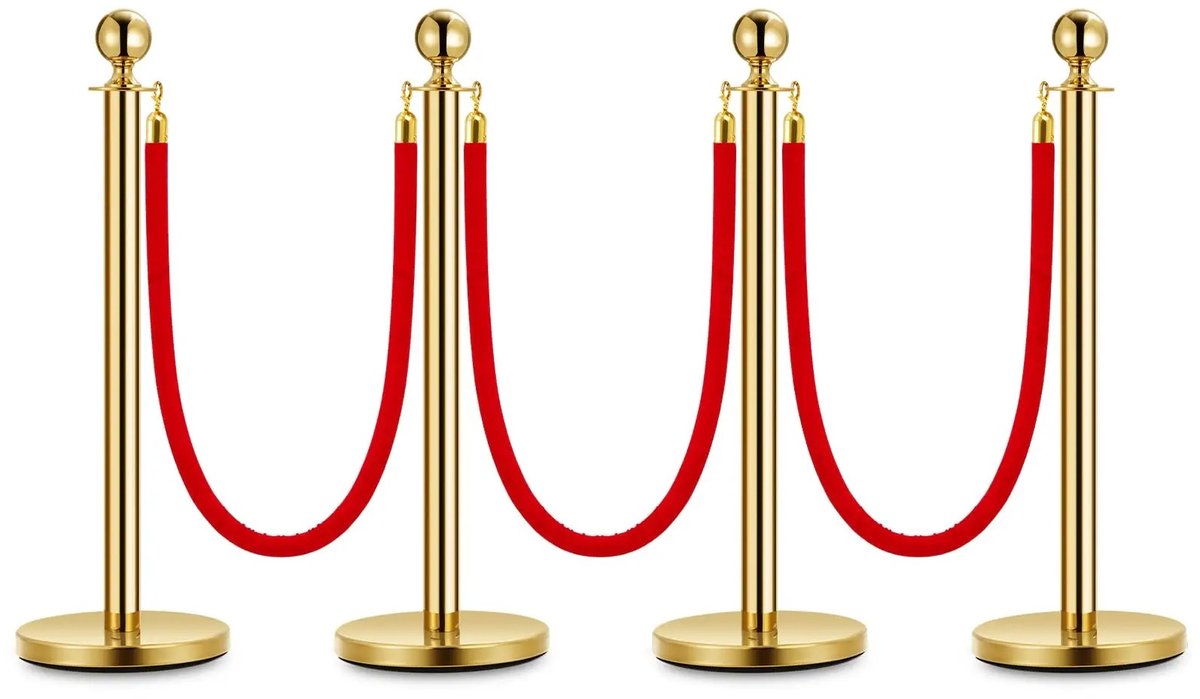 Sello! luxe afbakening – afzetpaaltjes – VIP – rvs – 1,5m luxe touwen – evenementen – feesten – 4 palen – 3 touwen – goud – rood