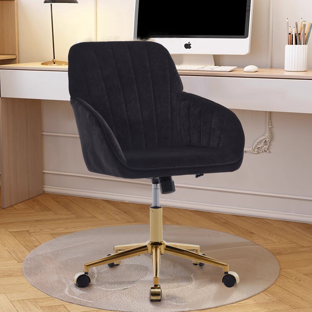 FloraGrace Bureaustoel 50-59 cm - Ergonomisch en 360 Graden Draaibaar - Voor Kantoor en Slaapkamer - Fluweel - Zwart