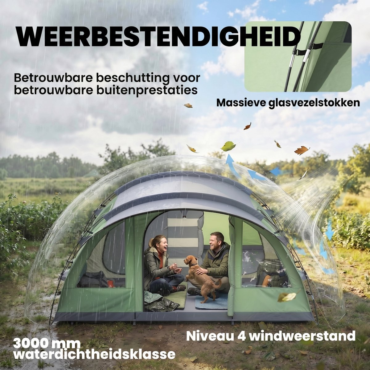 Familietent - 4-6 personen - Tunneltent met twee slaapkamers - Inclusief waterdichte regenhoes (3000 mm) en opbergtas - Eenvoudig op te zetten - Lichtgewicht en ademend - Voor Camping & Outdoor - 505x390x196 cm- Groen – foto 4