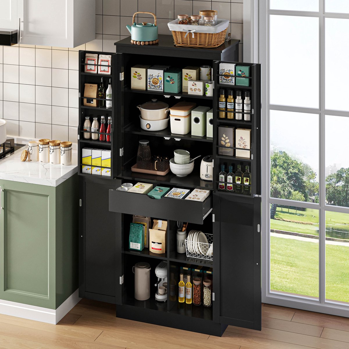 BLACKCOLORS Keukenkast, multifunctionele hoge kast, sideboard met twee deuren met planken, opbergvakken en een binnenliggende lade, 182 × 40 × 75, geschikt voor keuken, eetkamer en woonkamer.