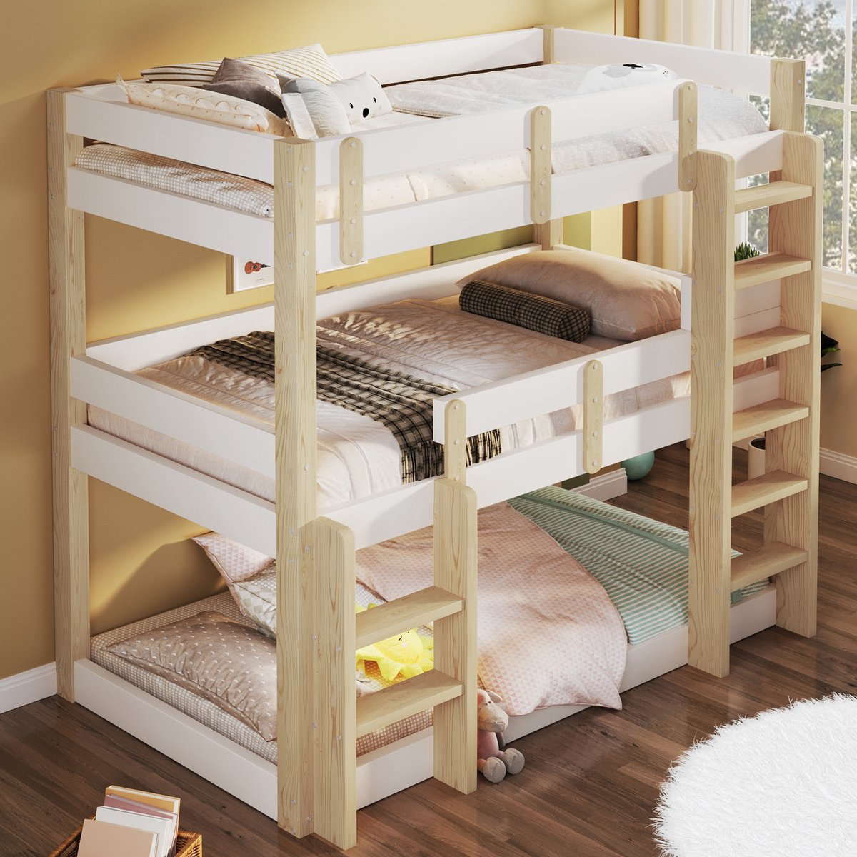 Merax Stapelbed 90x190 cm - drie verdiepingen bed geschikt voor kinderen - tieners en volwassenen - wit en houtkleurig - zonder matras