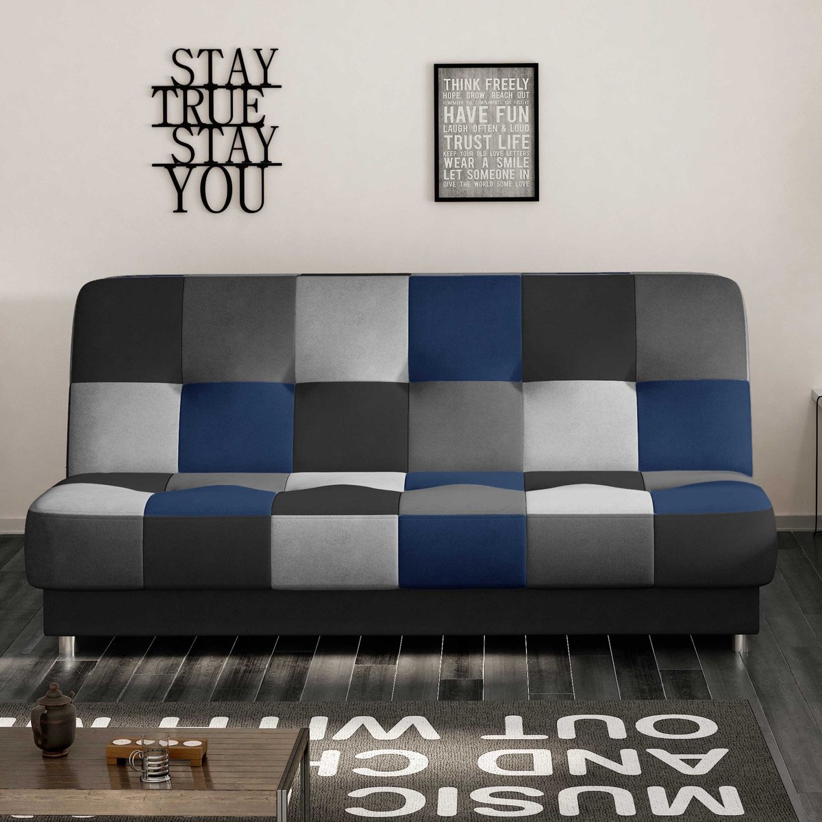Cayo - slaapbank - 3-zitsbank voor woonkamer - sofa bank - grijs + blauw