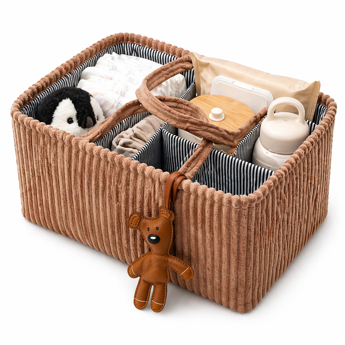 Opvouwbare Luiertas Organizer Bruin - Corduroy Luiermand met Vakken en Verdelers - Baby Opbergmand voor Luiers, Doekjes en Accessoires - Draagbare Nursery Caddy