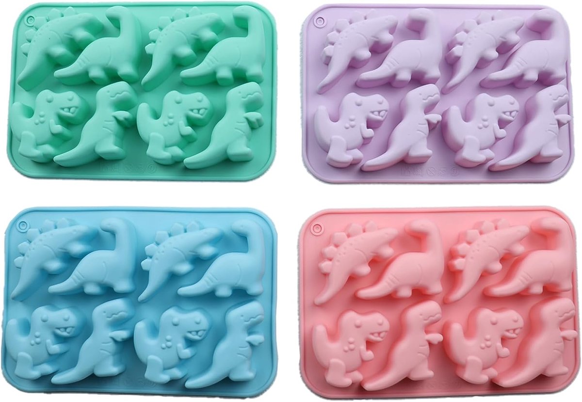 KARZO 4 Stuks Siliconen Bakvorm Dinosaurussen, Siliconen Snoepvormen, Dinosaurussen Chocolade Mallen voor Chocolade, Cupcake, Was, Kaars, Muffin, Hars, Taartdecoraties