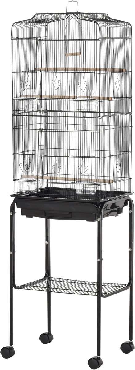 Jently vogelkooi - met voerbakken - met steun - 4 wielen - 46,5 X 36 X 157 cm - zwart