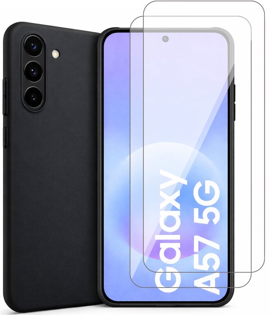 Coque de téléphone noire à côté d'un Samsung Galaxy A57 5G avec des protecteurs d'écran.