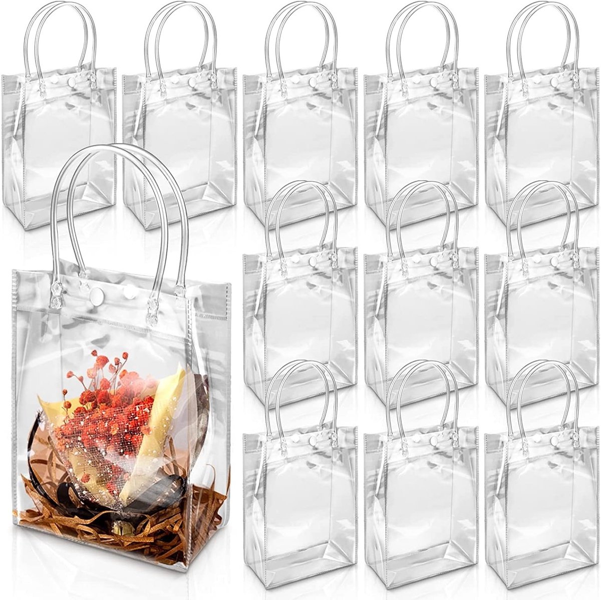 Set van 25 Doorzichtige Cadeau Tassen met Handvatten, 23cm x 17cm x 7cm, Herbruikbare PVC Tassen voor Verpakking, Winkelen en Feestjes