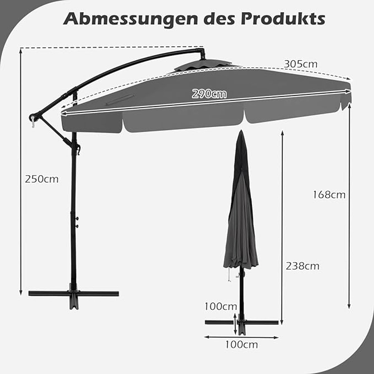 Zweefparasol 300 cm x 250 cm – Cantilever Tuinparasol met Beschermhoes, Dubbel Dubbellaags Dak, Kantelbaar 0–35°, Zwengelbediening, 8 Sterke Metalen Ribben, Metaal Frame – Mobili Bella