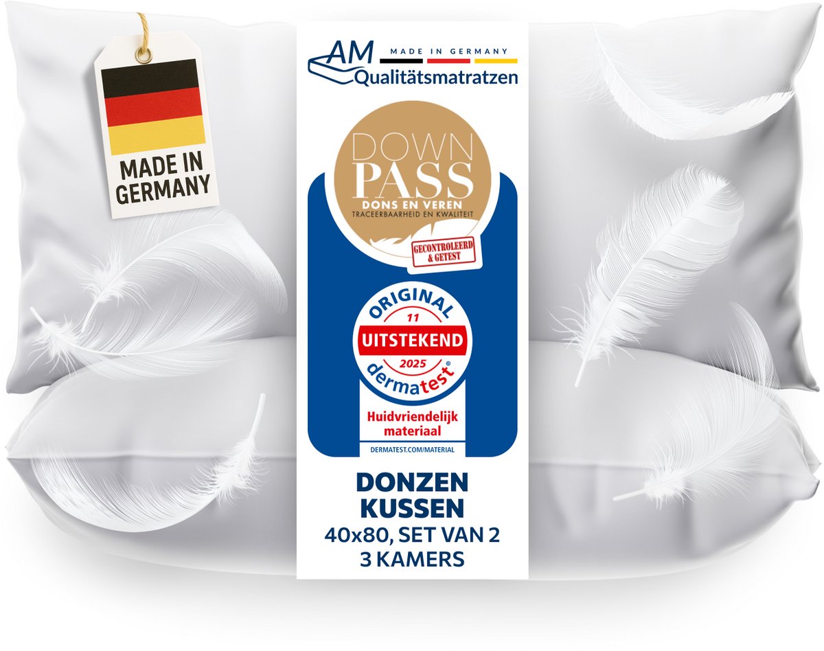 DormiGood - Premium donskussen 40 x 80 cm 100% natuurlijk Set van 2 - 3 compartimenten hoofdkussen 80x80 1080g extra zacht - Hoogwaardig inlegwerk van katoen