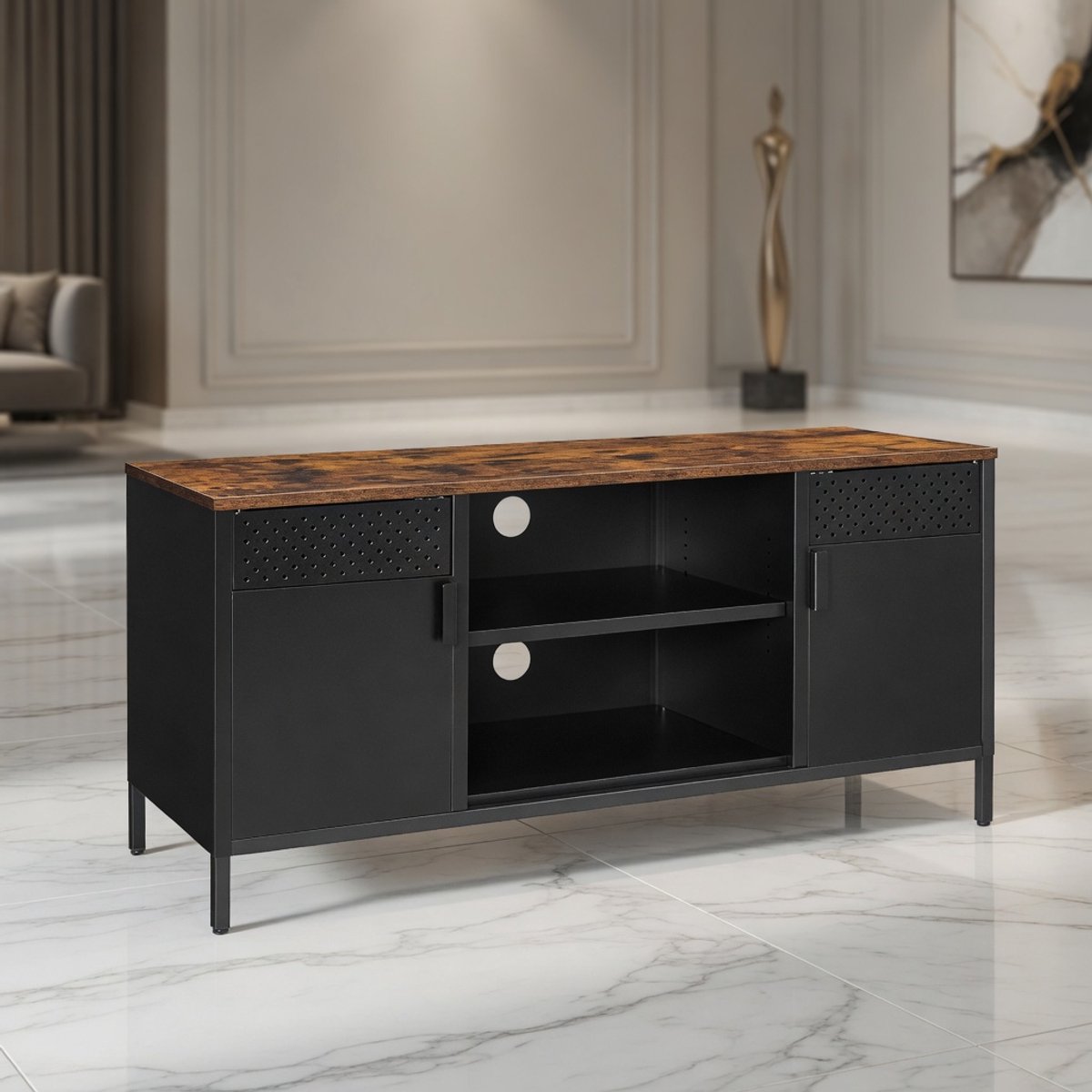 Industrieel Vintage TV-Meubel 120 cm – Mobili Bella TV Kast Lowboard tot 55 inch – TV Meubel met Deuren & Verstelbare Planken – Woonkamer Opbergkast met Kabelmanagement – Zwart / Vintage Bruin