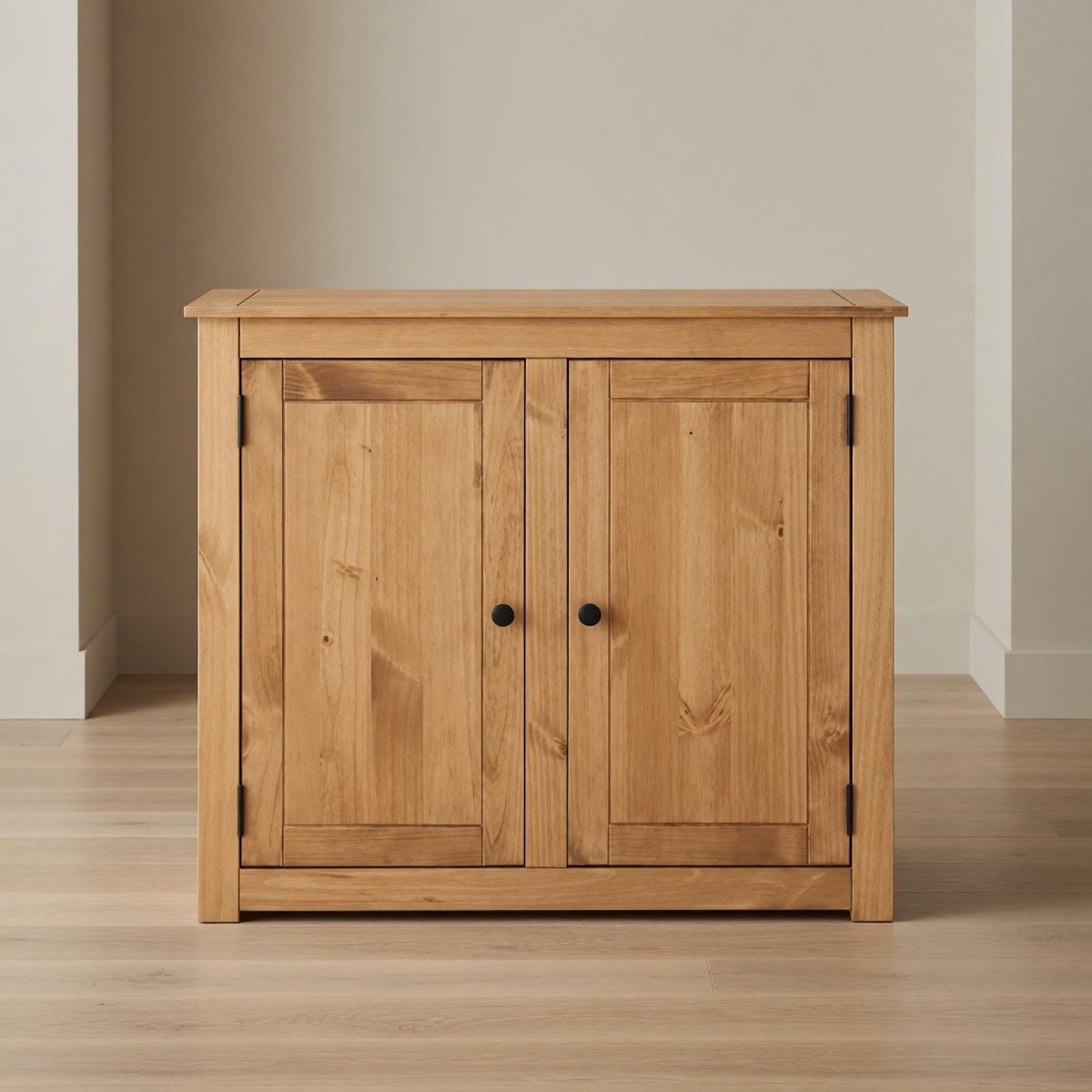 Massief Grenen Dressoir 2 Deuren – Mobili Bella Naturel Houten Commode 93 cm – Halkast, Opbergkast, Sideboard met Metalen Handgrepen – Landelijk & Modern Design
