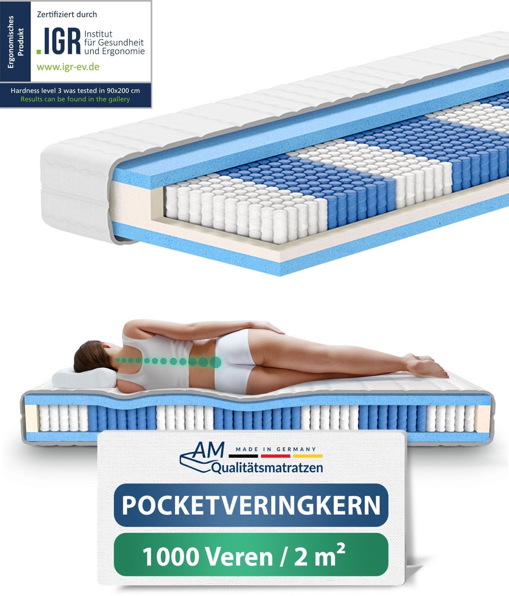 AM Qualitätsmatratzen - 1000 veren 7-zone pocketveringmatras 100x220 cm (H3) - Ergonomisch matras 100 x 220 met 1.000 veren - 24 cm Premium hoogte - Afneembare TENCEL Lyocell tijk - Made in Germany