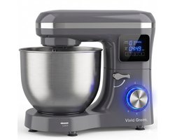 Vivid Green 2000W Keukenrobot - 6.2L - Display & Instelbare Timer - Mixer met Mengkom - Keukenmachine - Keukenmixer - Grijs