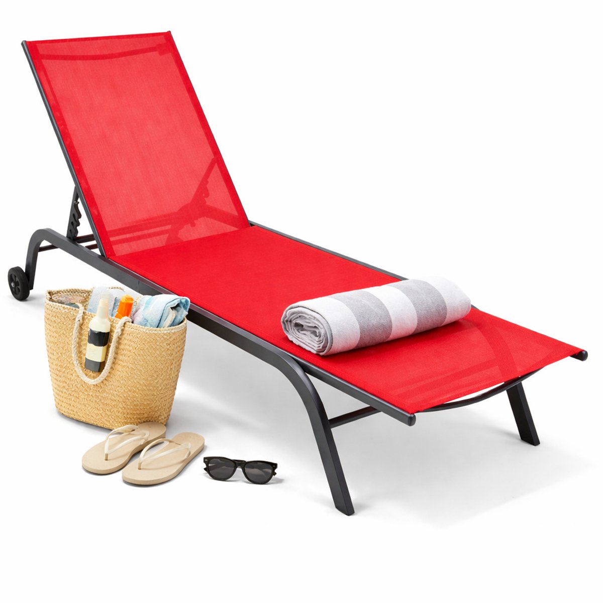 VCM grijze rotan ligstoelen set van 2, ligstoel, ligbed, tuinligstoelen, opvouwbare strandligstoel, verstelbare ligstoel, zonnebed, opvouwbare ligstoel met gezichtsopening, draagbare strandligstoel, ligstoel met kussen
