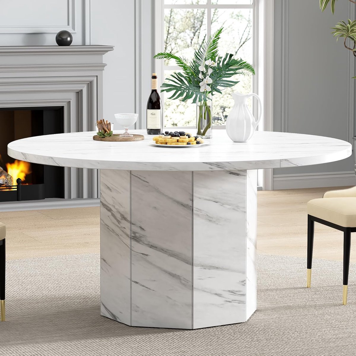 Eettafel Rond Faux Marmer - Witte Ronde Keukentafel voor 4-6 Personen met Achthoekige Basis, Modern Design - 120x120x75 cm - Vermissen