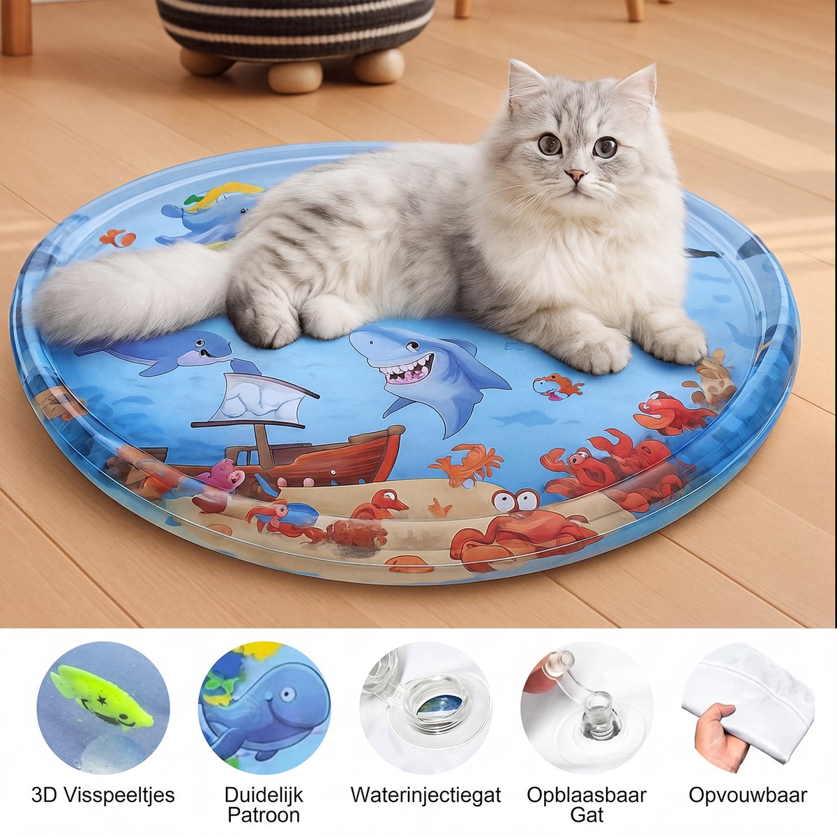 Water Speelmat Voor Kat En Hond Met Pomp - Opblaasbare Koelmat Met Water Sensor En Vis Motief - Duurzame PVC Katten Speelmat 65x65 cm - Interactieve Watermat Voor Huisdieren Voor Spelen Koelen En Sensorisch Vermaak thumbnail 4