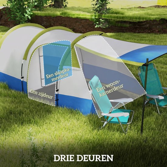Familietent -tunneltenten - met twee compartimenten - inclusief luifel en accessoires - lichtgewicht en opvouwbaar - inclusief opbergtas, waterdicht tot 2000 mm - Geschikt voor buitenactiviteiten en wandelen - 420x200x150 cm van Merkloos — afbeelding 2