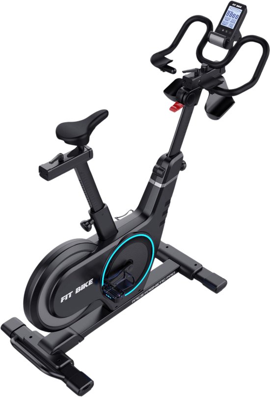 Zwarte Fit Bike Race Magnetic Pro spinfiets met blauwe accenten op het vliegwiel, gezien vanaf de zijkant.