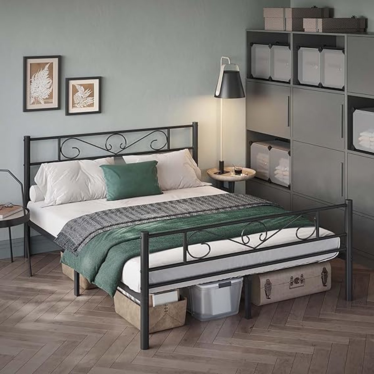 Stabiel Metalen Tweepersoonsbed 160x200 cm met Hoofdbord – Zwart Bedframe met Hoge Draagkracht 400 kg, Opbergruimte Onder Bed, Eenvoudige Montage – Mobili Bella