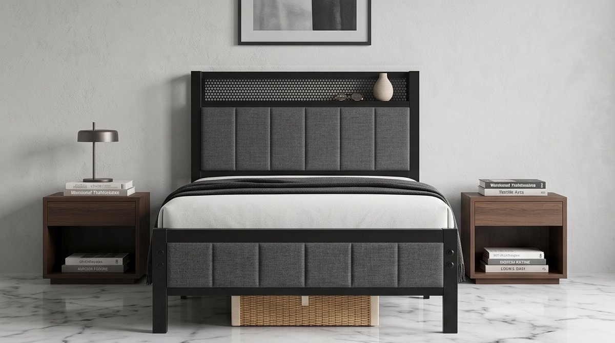 Luxe Eenpersoons Bedframe 90x200 cm met USB Oplaadstation – Stalen Bed met Gestoffeerd Hoofdbord, Lattenbodem Inclusief, Opbergruimte, Modern & Geluidsvrij – Donkergrijs Mobili Bella