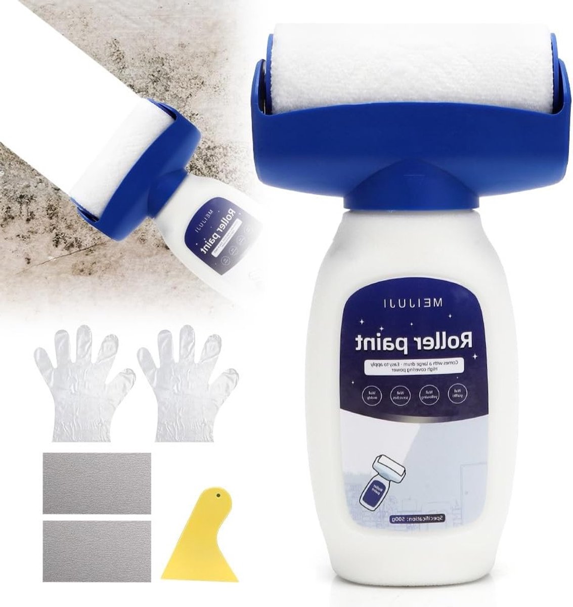 Witte Muurverf Reparatie 500g - 2-in-1 Rollerborstel voor Muurherstel, Ideaal voor Krassen, Vlekken en Scheuren