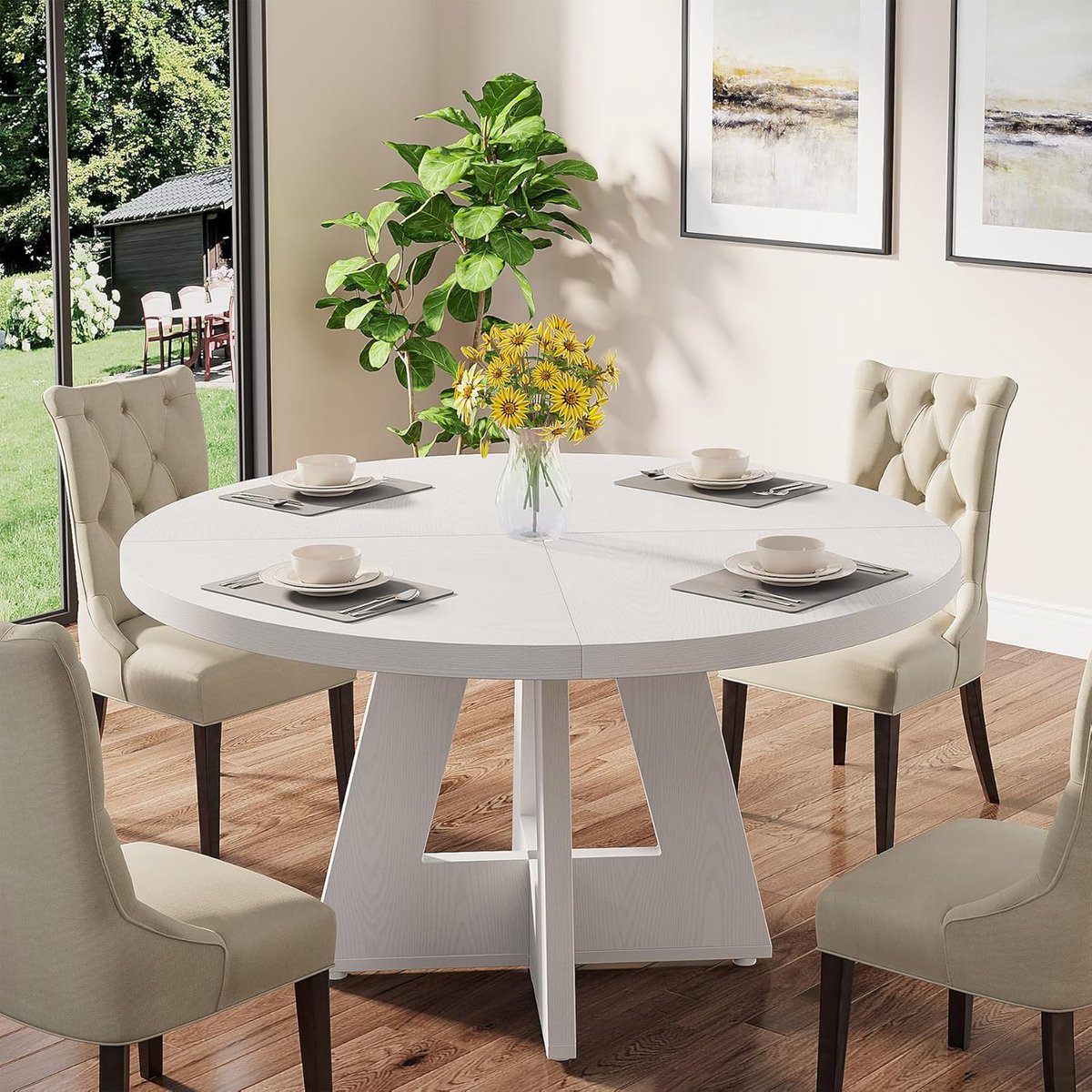 Ronde Eettafel 120 cm - Houten Keukentafel voor 4 Personen - Rustiek Design met Houten Poten - Boerderij Stijl - Zwart - 120x120x75 cm - Vermissen